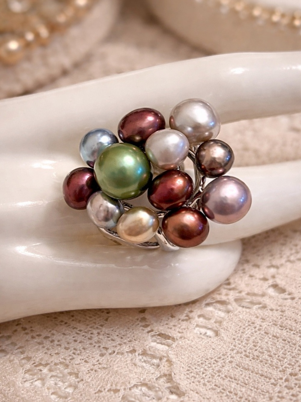 Honora Sterling Silver Multicolor Pearl Cluster Ring Size 11 – Bold Statement